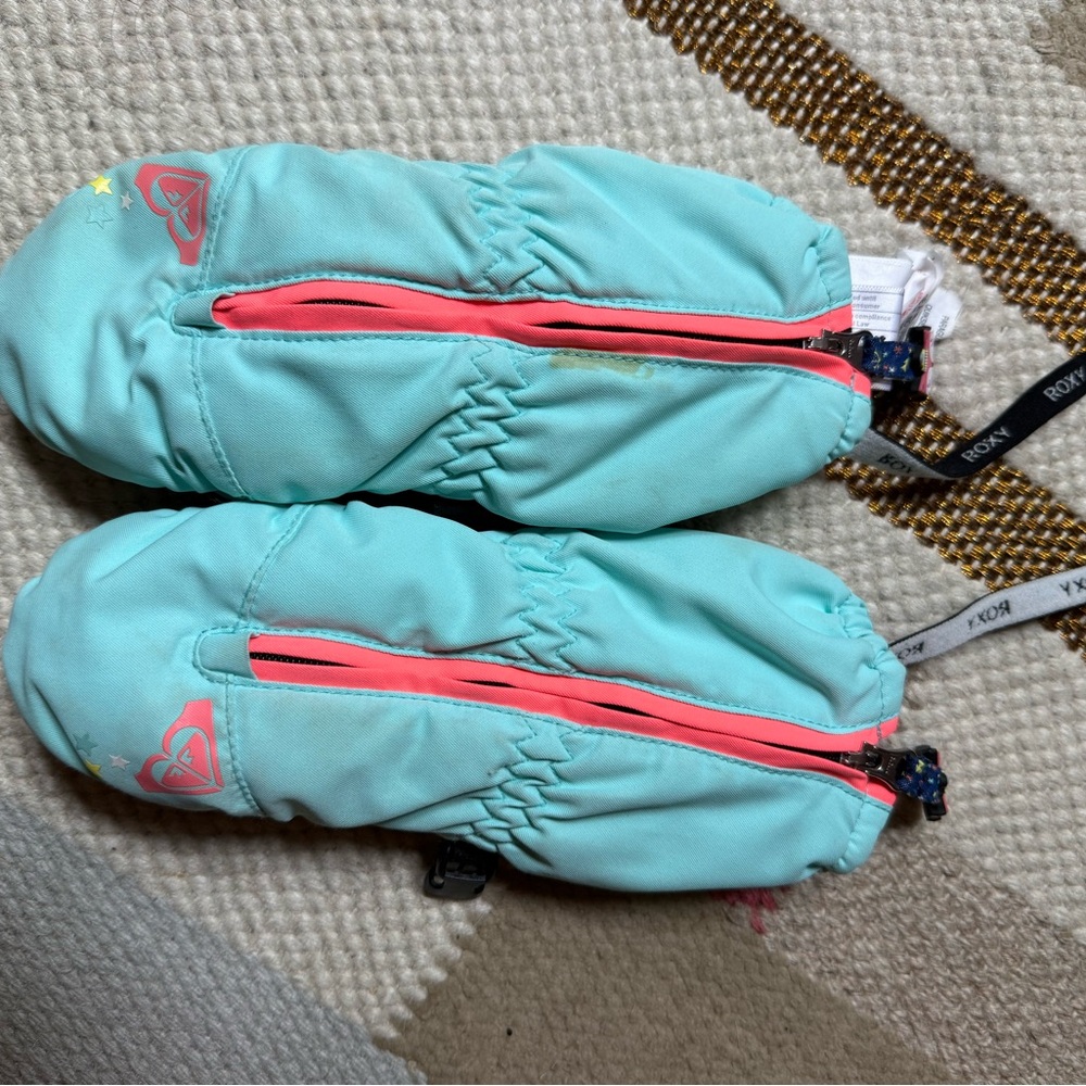 Roxy Kids' Turquoise Mittens with Coral Zippers